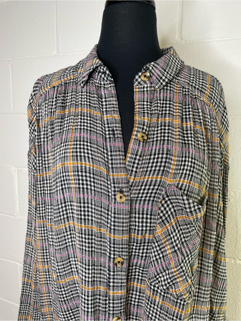 Free People Break My Stripe Plaid Button Down Shirt In Black - Picture 6 of 10